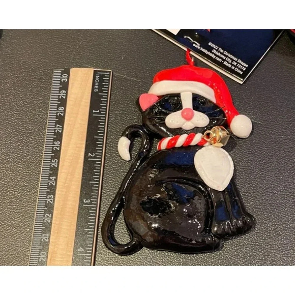 Santa Black Cat Kitten Kitty Christmas Holiday Ornament Hat Bell Polymer‎ Clay - Picture 3 of 3